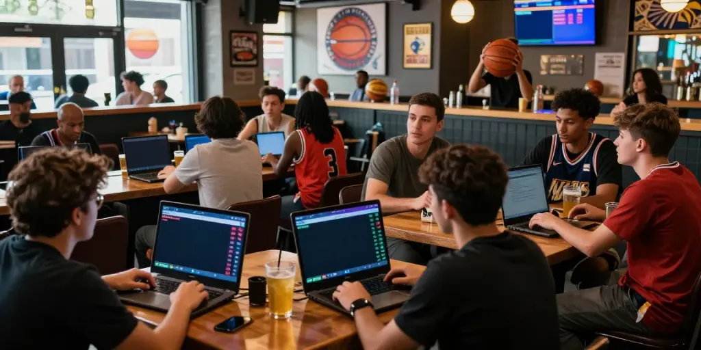 Fans engaging in basketball betting at a lively sports bar, showcasing the excitement and community culture of statymuzona.lt.