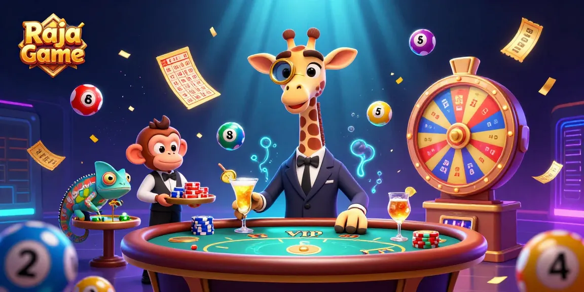 Engage with Raja Game's thrilling casino experience through a vibrant 3D illustration showcasing dynamic lottery action.