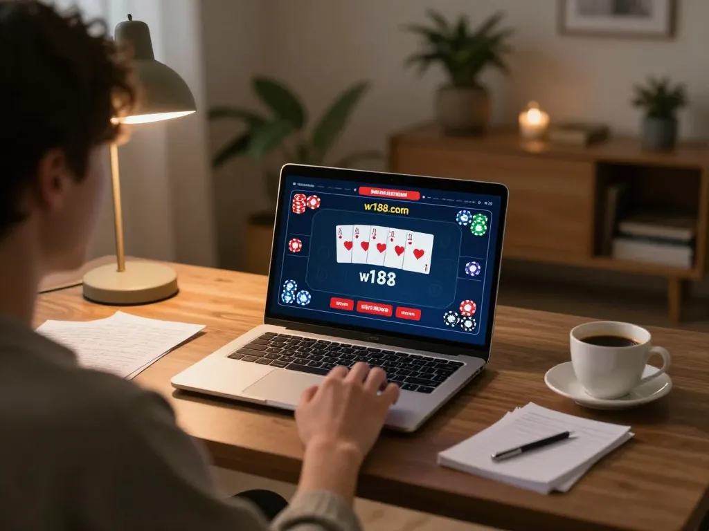 Person enjoying online gaming on w188 com with poker interface visible in cozy home setup