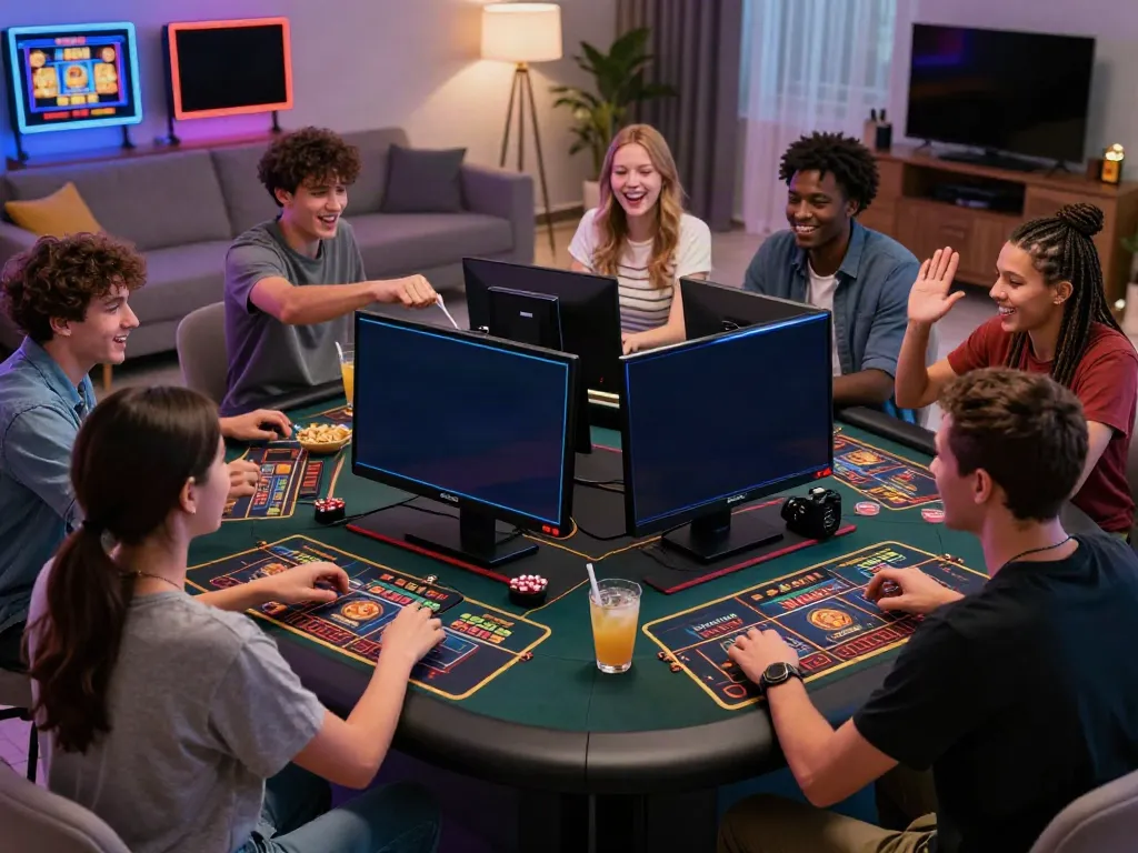 A diverse group of friends enjoying an online gaming session on akunjp, surrounded by vibrant screens and a casual home setting.