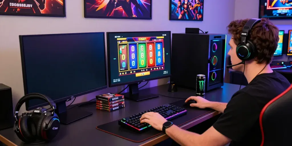 Pengaturan gaming modern dengan pemain slot gacor, aksesori gaming, dan pencahayaan RGB yang menarik.