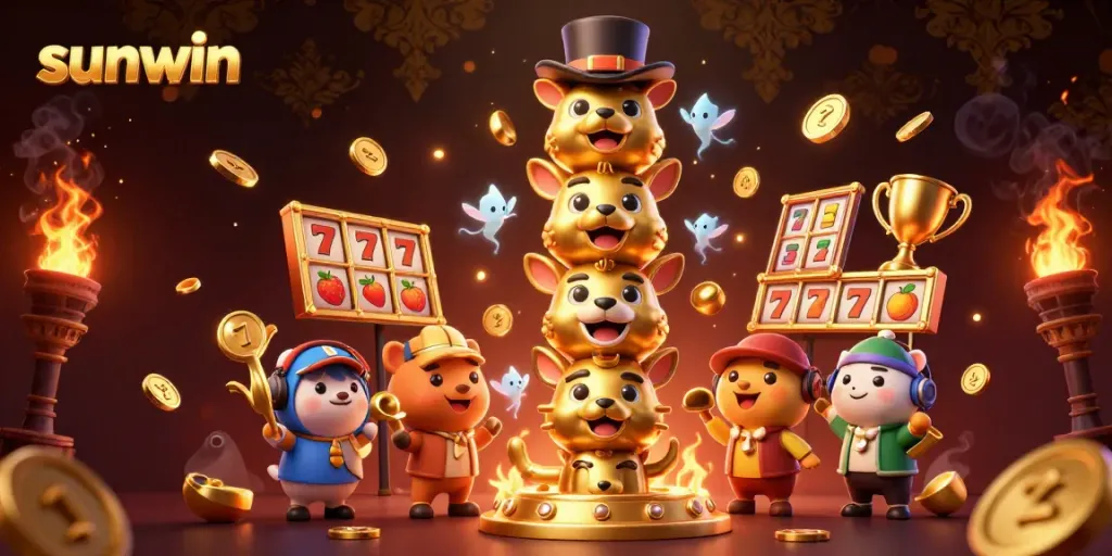 Experience thrilling gameplay with Sunwin's vibrant 3D casino illustration featuring lively slot elements and dynamic totem characters.