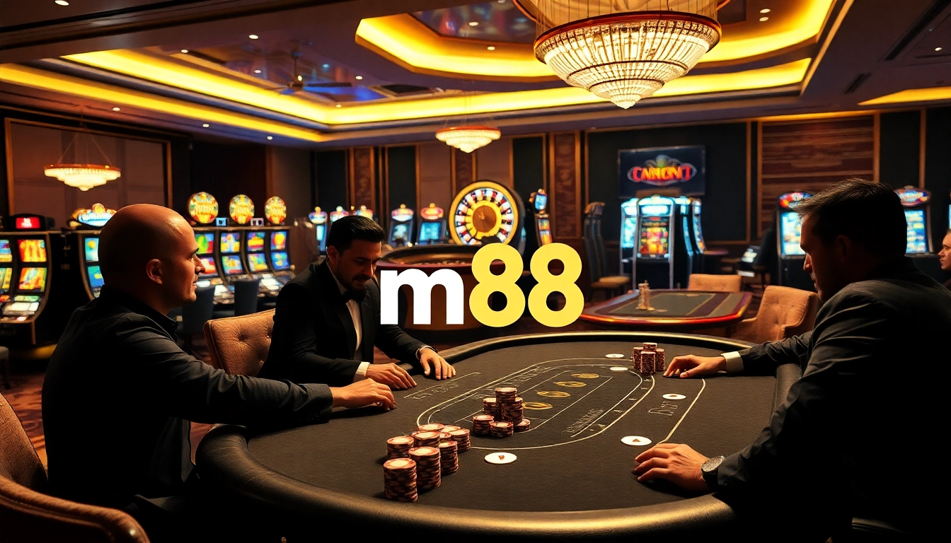 Exciting poker game at m88 casino with professional players and glamorous atmosphere.