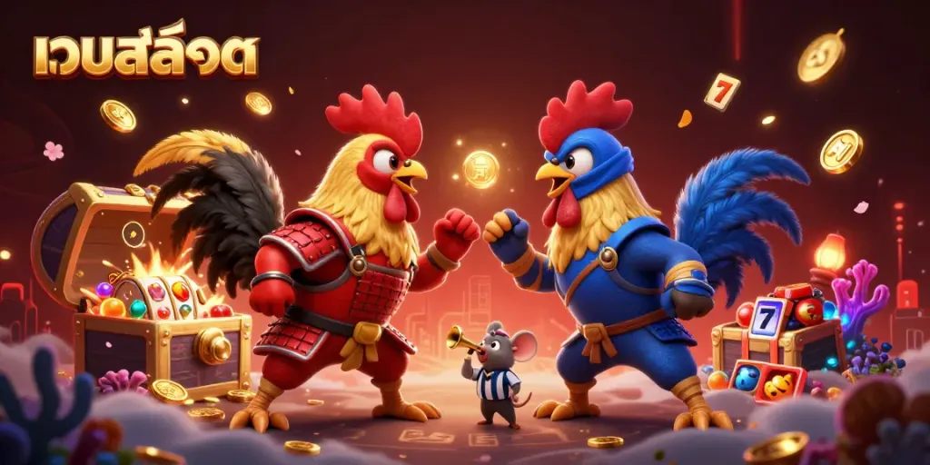 Engaging scene featuring twin cartoon fighting roosters for เว็บสล็อต promotion with dynamic gaming elements and rich details.