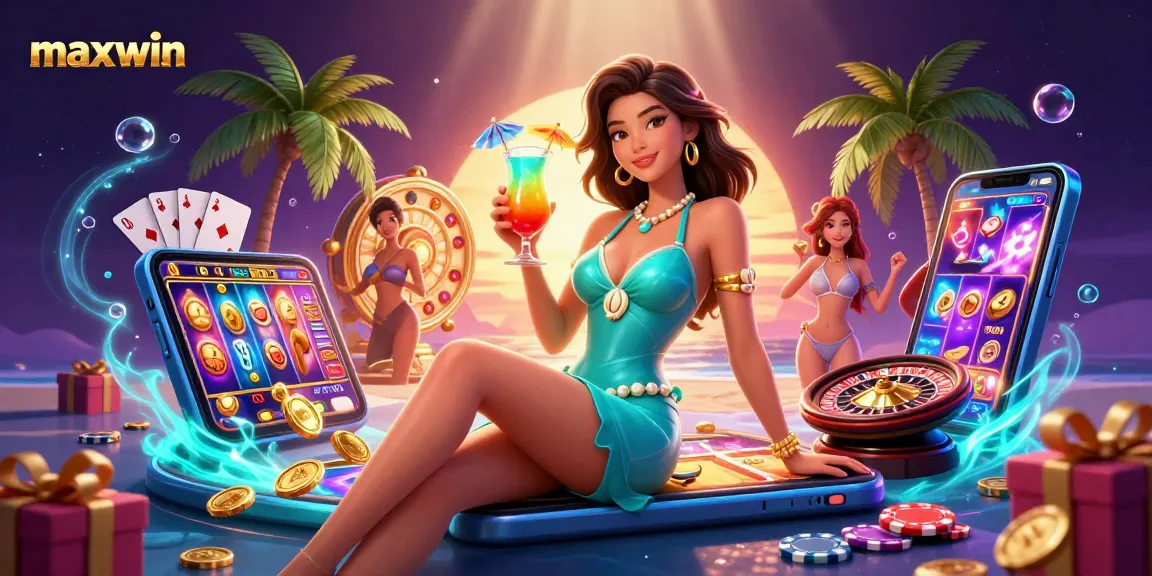 Win big with maxwin at exciting slot games in this vibrant casino illustration filled with action!