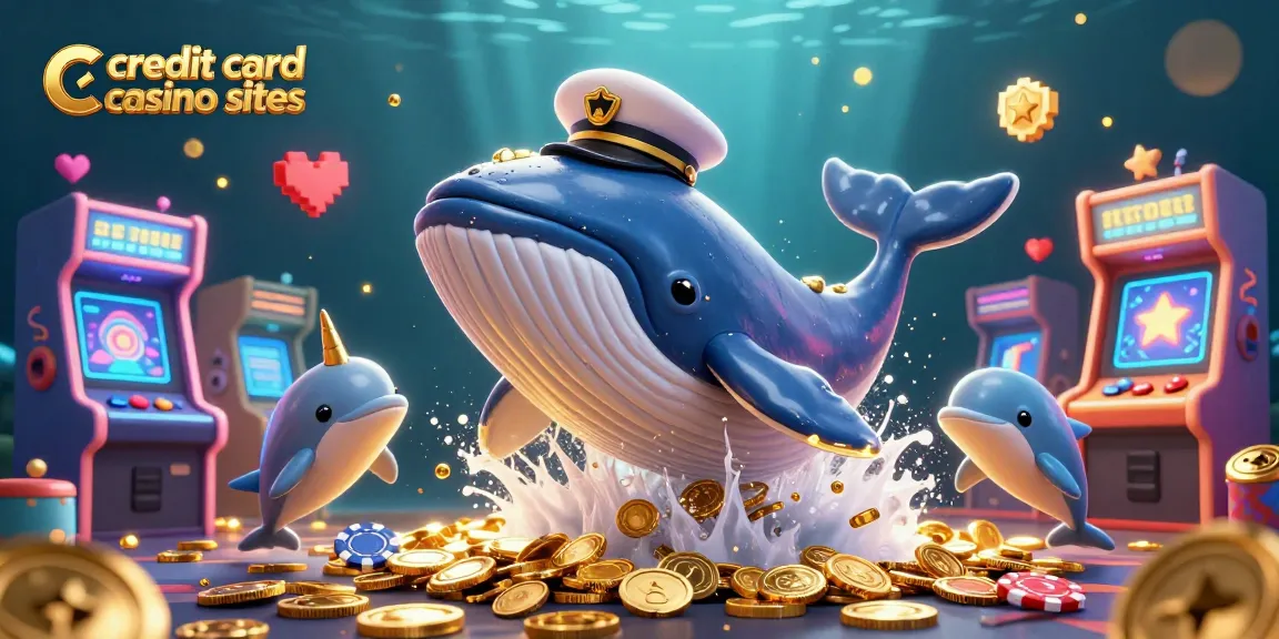Experience the excitement at credit card casino sites with playful dolphins and a whale among golden coins.