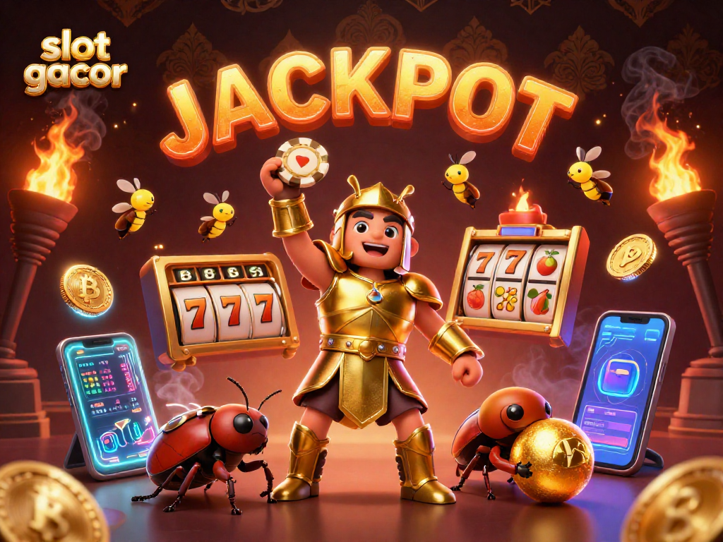 Menangkan slot gacor dengan keberuntungan dari serangga kartun 3D dalam suasana kasino yang megah.