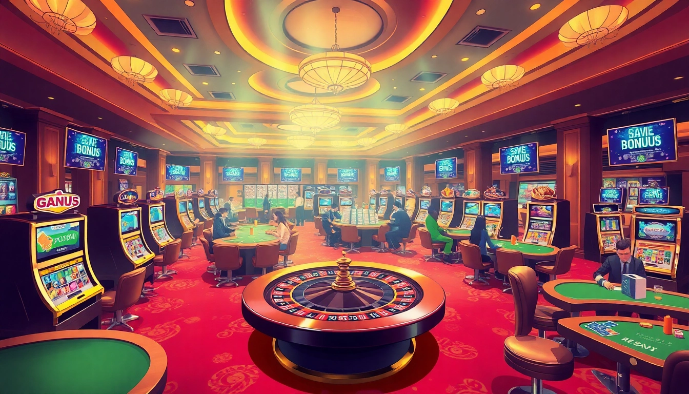 Engage with boosterjp at a luxurious casino featuring vibrant slot machines and exciting gaming tables.