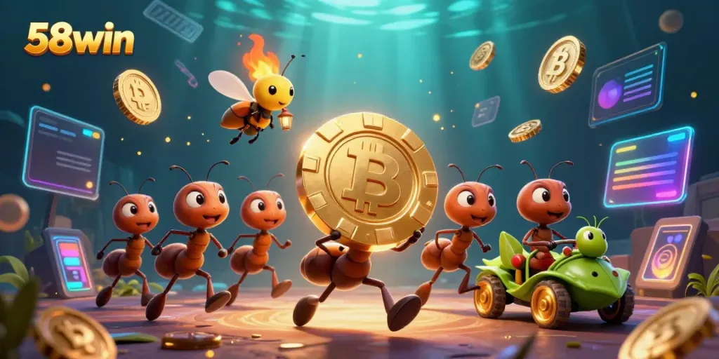 Experience the excitement of 58win with animated ants carrying a giant poker chip in a vibrant 3D casino heist scene.