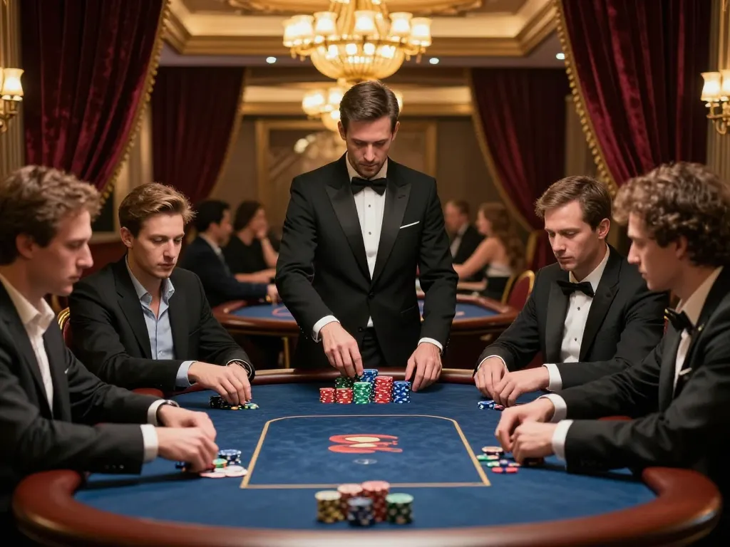 Sunwin poker game in a luxurious casino, players engaged with stacks of chips, elegant atmosphere.