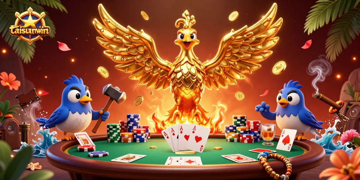 Engage with taisunwin’s exciting poker scene featuring a golden phoenix and vibrant casino elements.