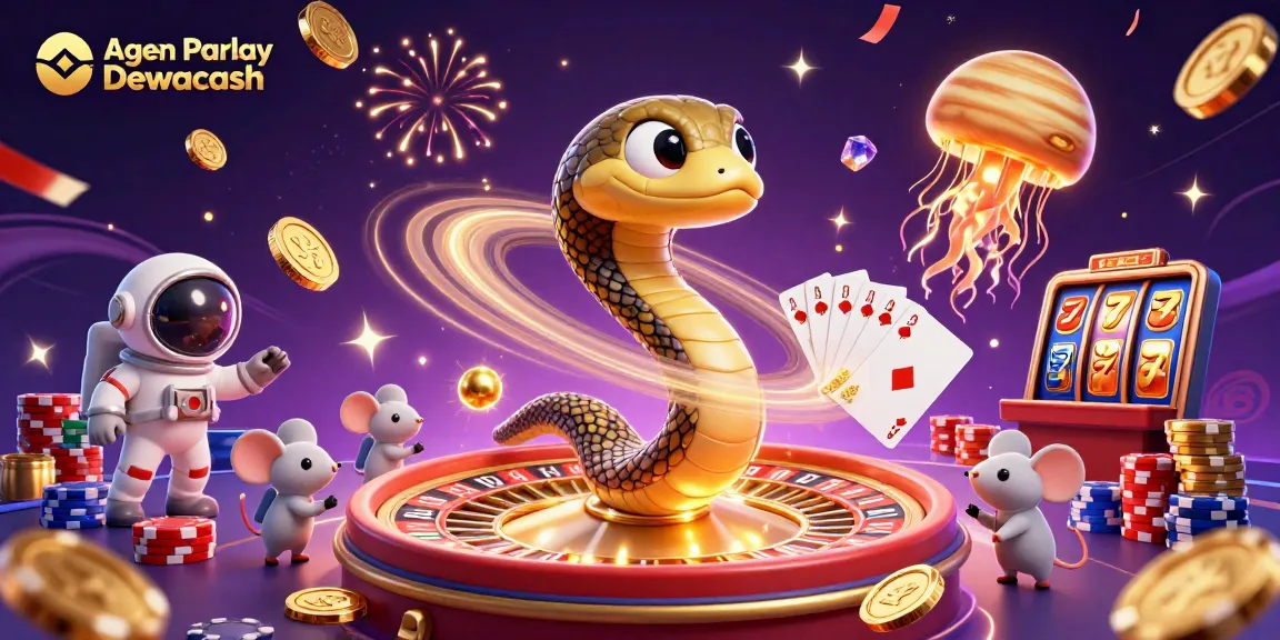 Agen Parlay Dewacash showcases exciting betting with cartoon characters in a vibrant casino scene