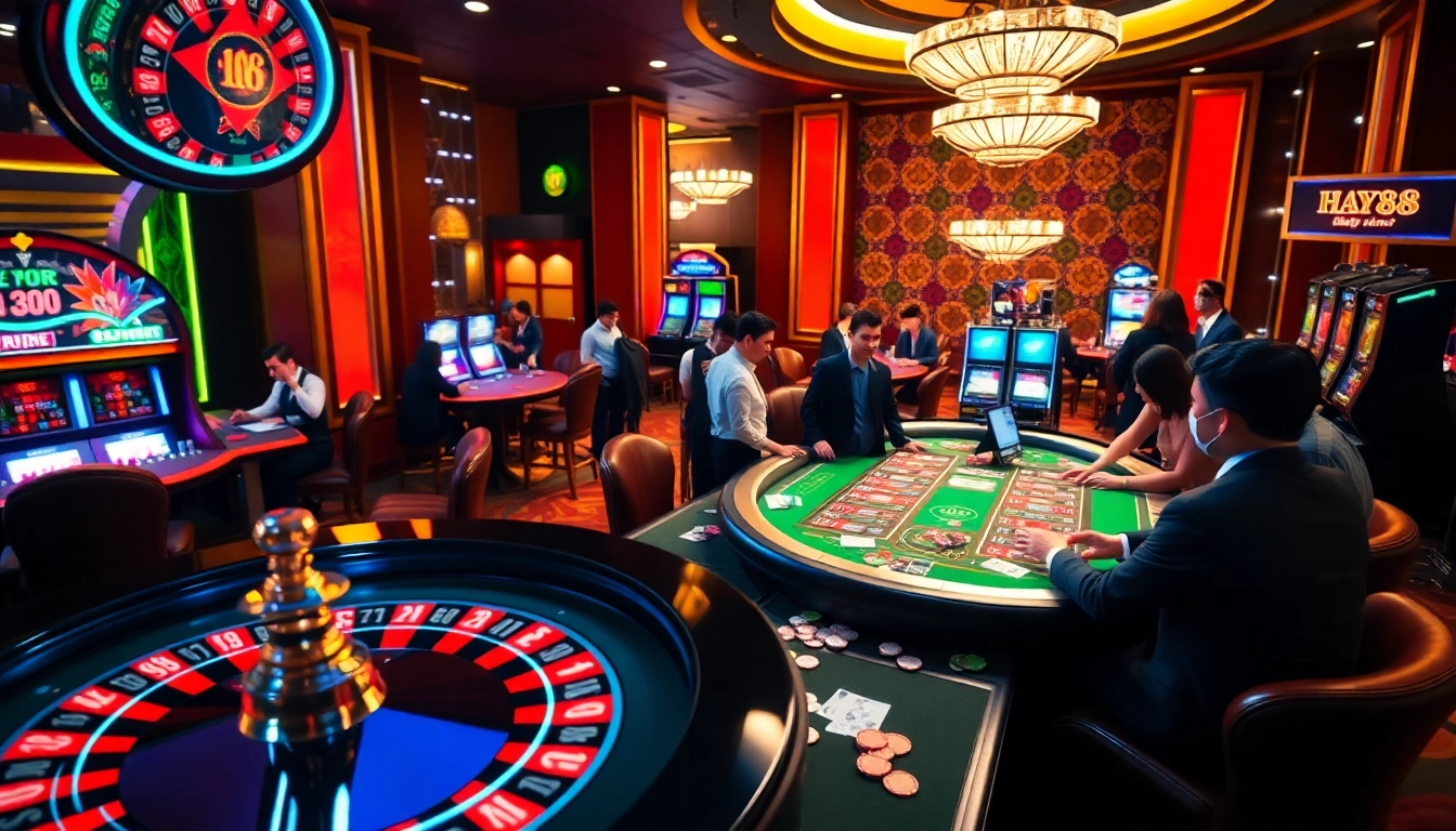 Experience thrilling action at Hay88's vibrant casino with roulette and poker gameplay.
