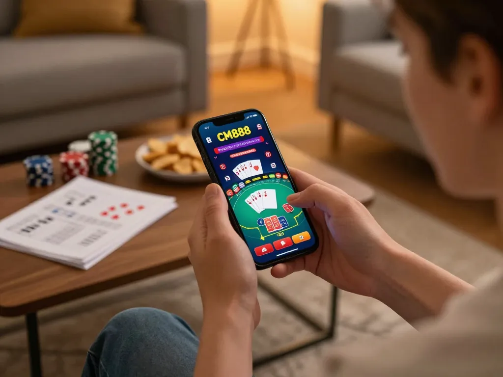 Engaging with CM888 casino app while enjoying poker at home, showcasing responsible gambling.