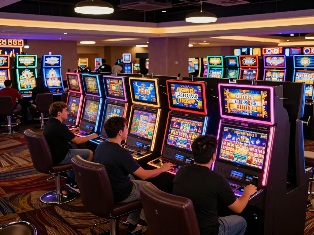 Pemain yang bersemangat terlibat dengan mesin slot yang menampilkan grafik berwarna-warni dan gameplay dinamis.