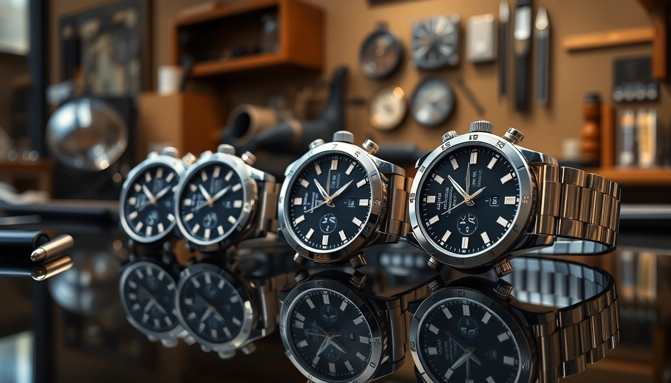 Showcase of precise replica watches featuring intricate designs and luxury details on a black surface.