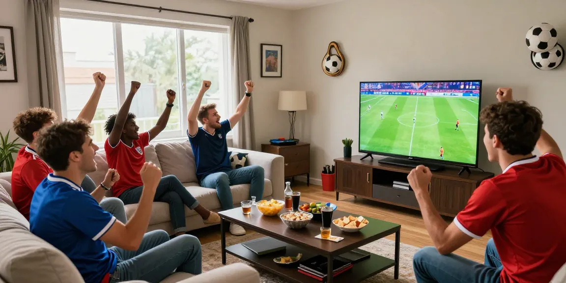 Excited fans celebrating during kora live football match in vibrant living room.