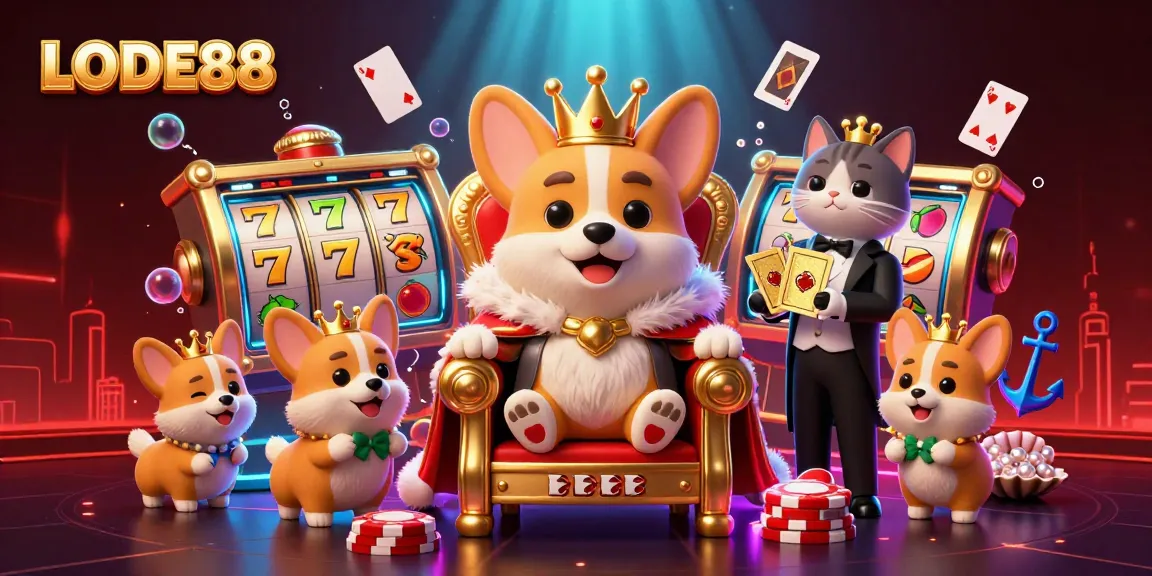 Engage in exciting gameplay at LODE88, showcasing a royal corgi on a throne of poker chips.