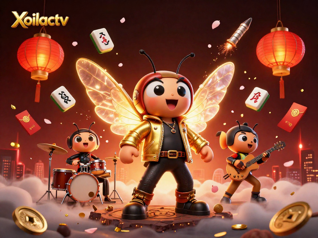 Xoilactv features a cicada rock star in a vibrant casino scene celebrating with fortune symbols.