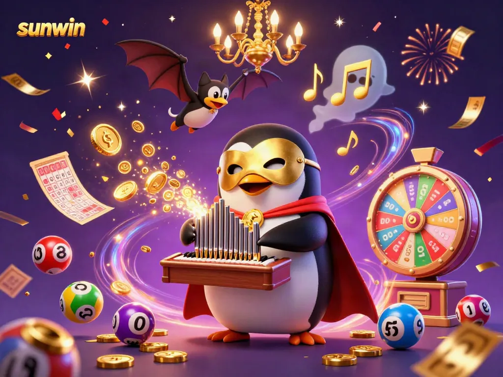 Experience the thrill of sunwin with a playful penguin organist surrounded by dynamic lottery elements and confetti.