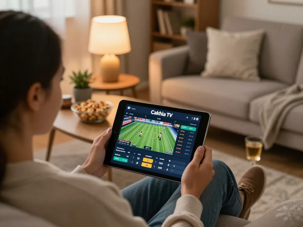 Person placing bets using Cakhia TV, highlighting online sports betting excitement in a cozy home setting