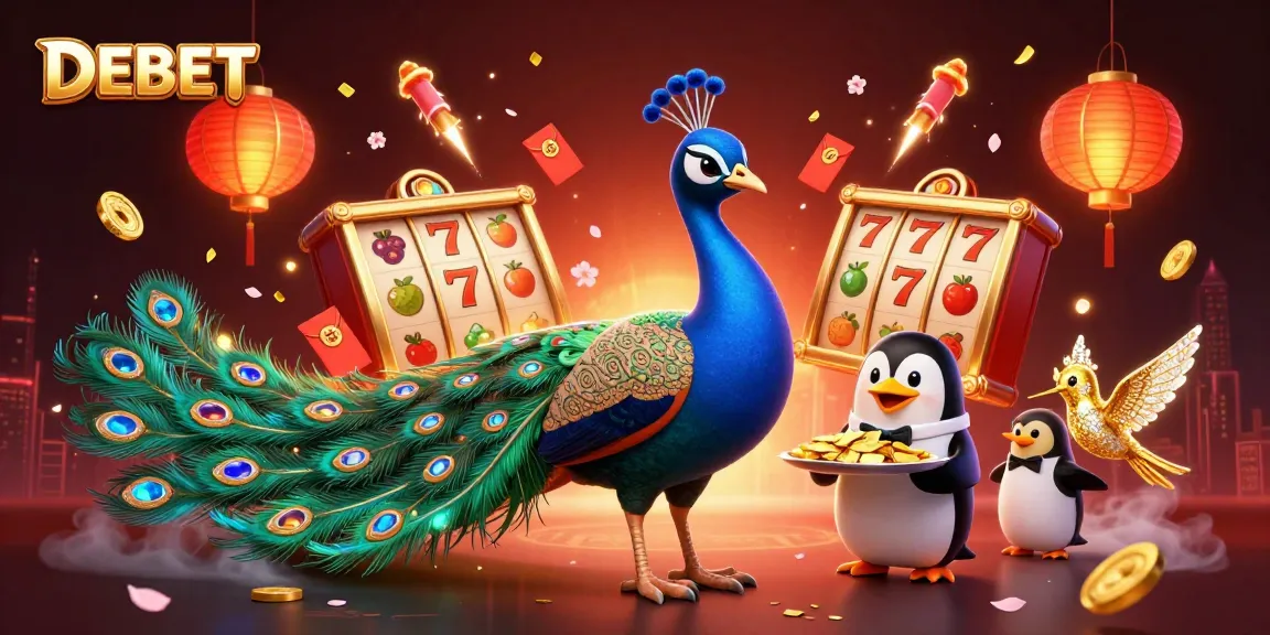 Engage with DEBET's vibrant casino scene featuring an aristocratic peacock, butler penguin, and hummingbird.