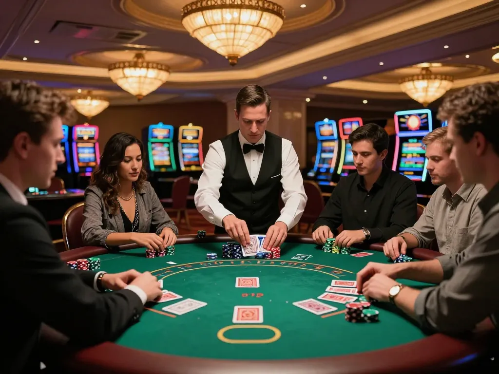 z16 players focusing intently on blackjack table gameplay in upscale casino atmosphere