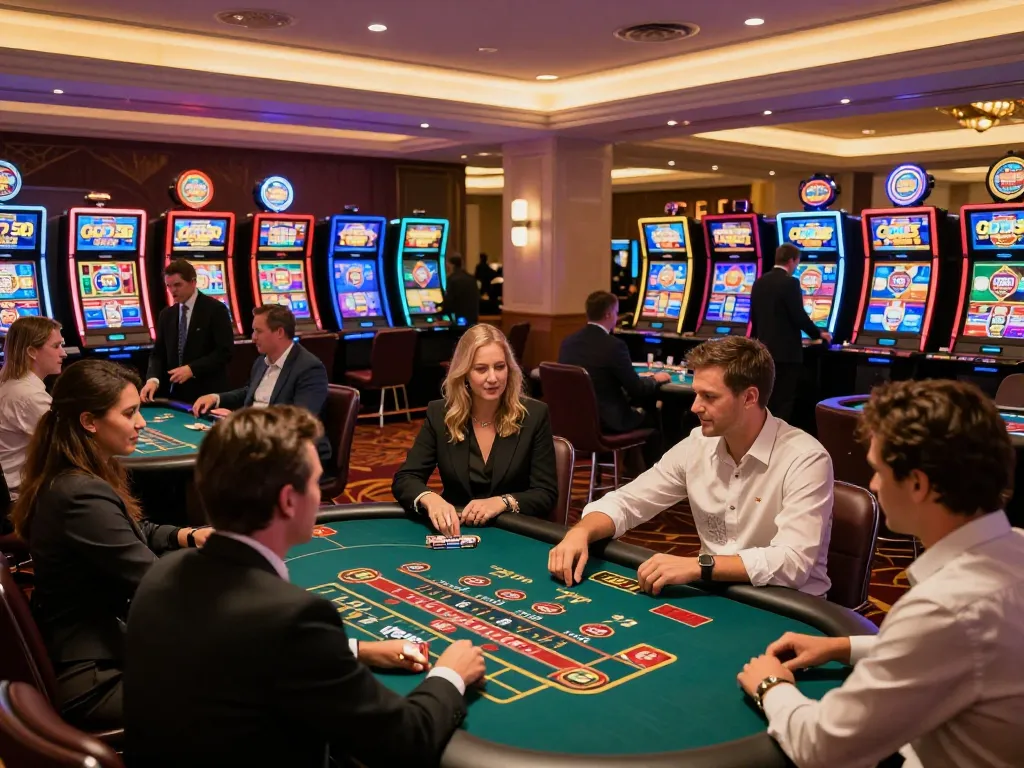 Players enjoying table games at god55 casino with vibrant atmosphere and luxury decor.