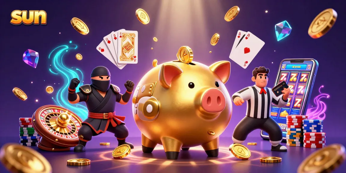 Reveal sun-themed jackpots with a sumo wrestler piggy bank amid golden coins and vibrant casino elements.