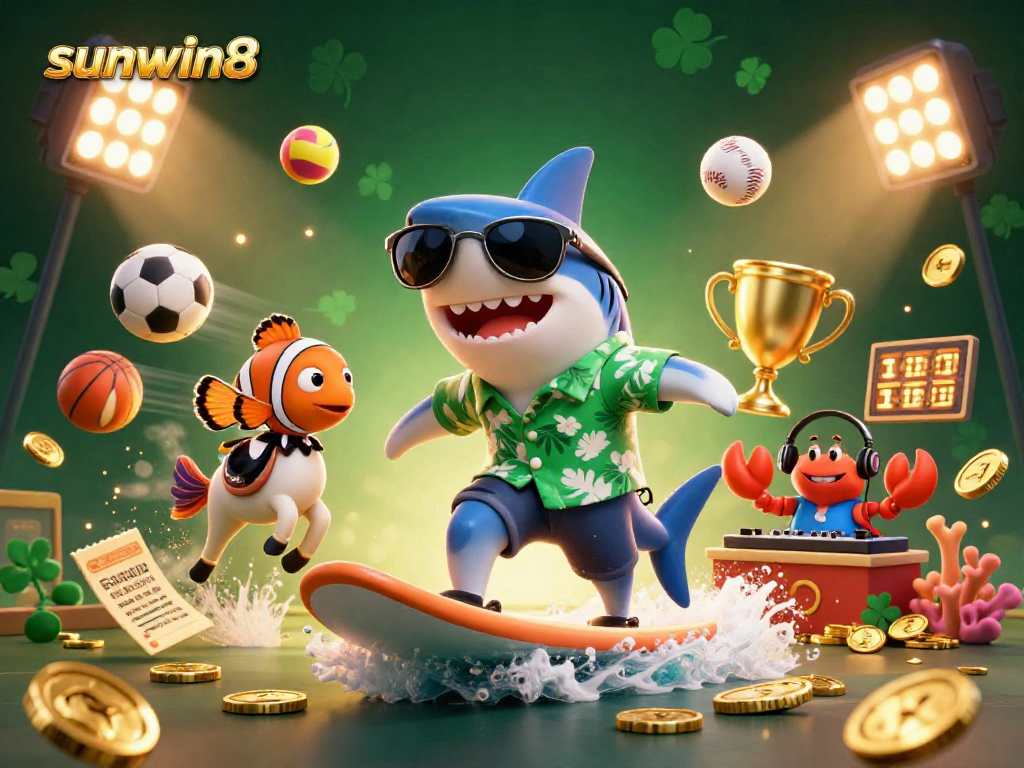 Experience the thrill of sunwin8 with a 3D illustration of a shark surfing on gold coins intertwined with sports elements.