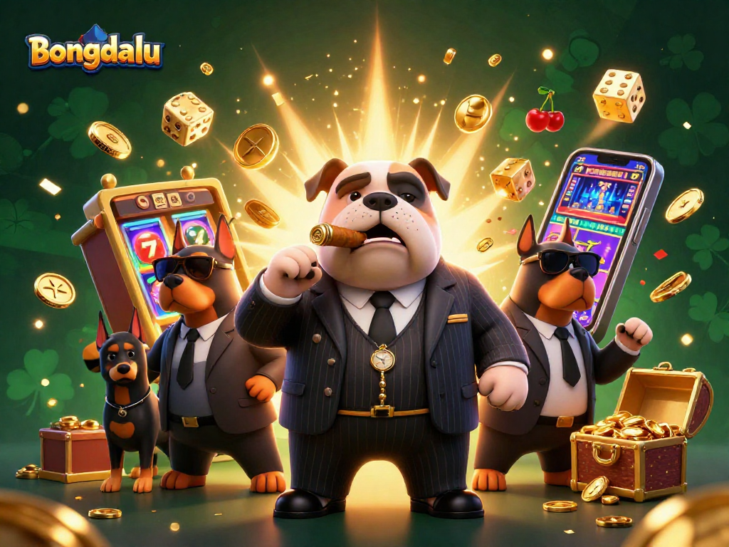 Bongdalu's 3D mafia boss bulldog dominates a vibrant casino scene filled with coins and slot machines.