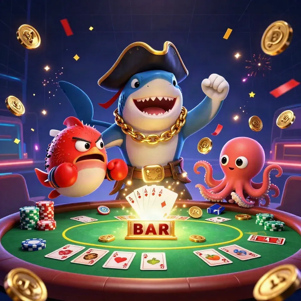 Shark pirate, boxing pufferfish, and coin-juggling octopus amid casino loot and neon explosions