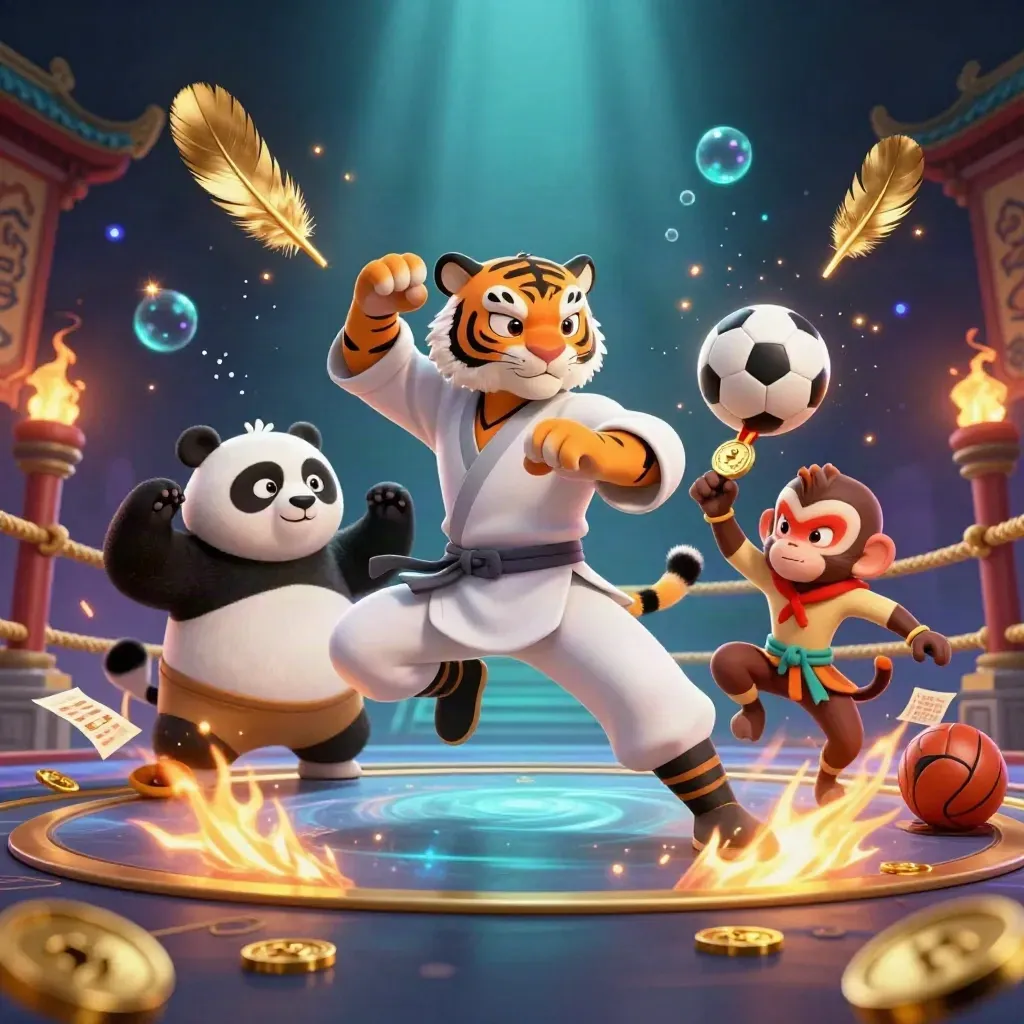 Kung-fu tiger, panda, and monkey amid a soccer burst, coins, and neon casino glow.