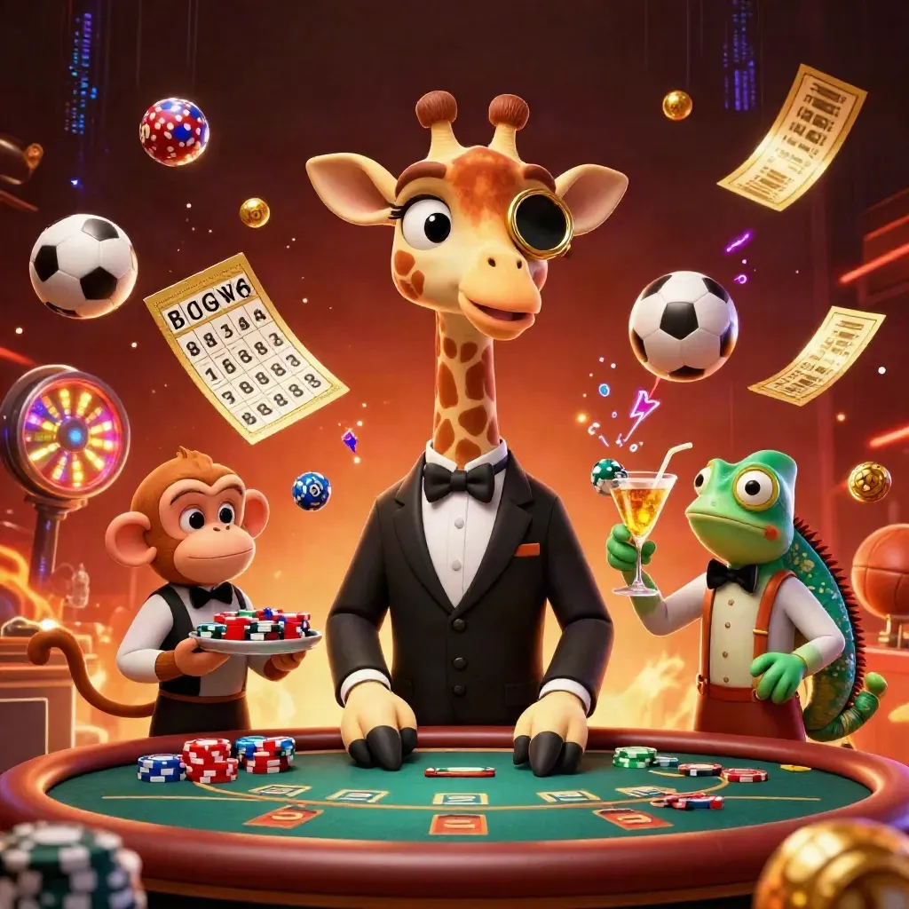Giraffe, monkey and chameleon at a glowing VIP poker table as sports props burst around them.