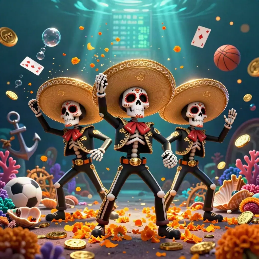 Skeleton mariachi trio in an underwater treasure cove with coins, coral, cards, and sports balls