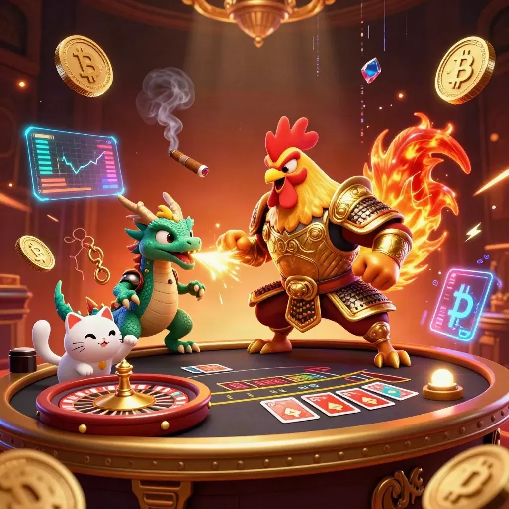 Rooster warrior, dragon hatchling, and fortune-cat amid jackpot coins and neon casino glow.