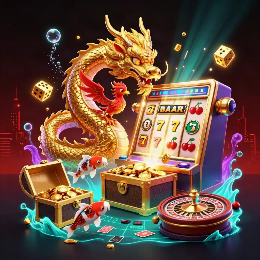 Golden dragon, phoenix, koi, slot burst, roulette wheel, and gold chest in a luxe casino scene.