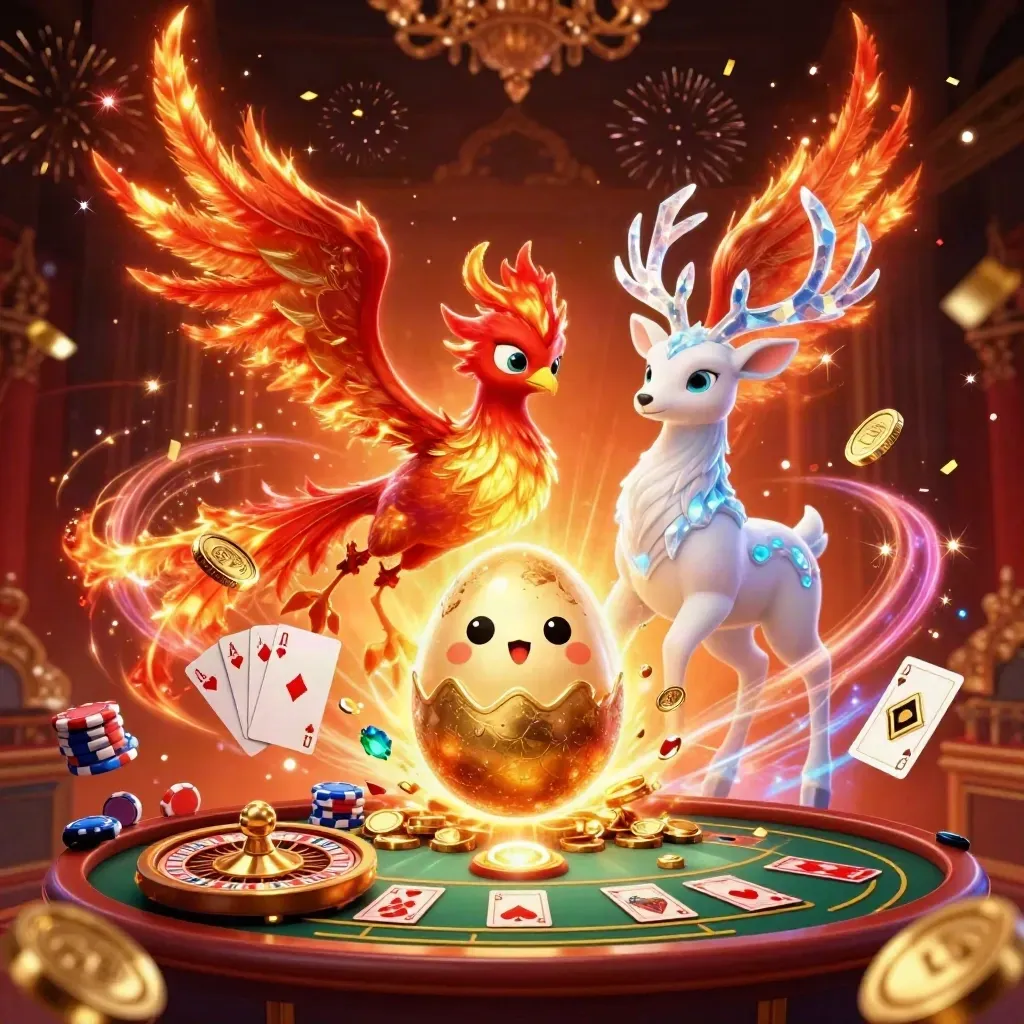 Phoenixes and a stag amid jackpot coins, roulette glow, chips, cards, and gold-lit casino magic.