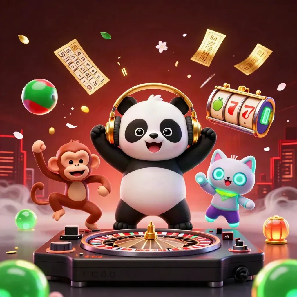 DJ panda, monkey, and glow-kitten in a neon casino rave with jackpot effects and dark skyline.