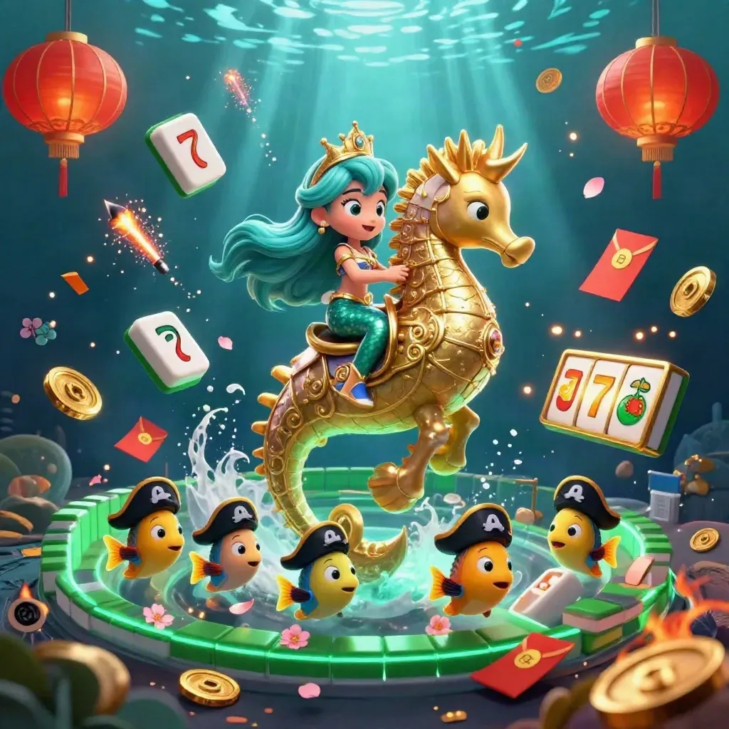 Mermaid princess on golden seahorse amid jackpots, lanterns, coins and underwater casino sparkle