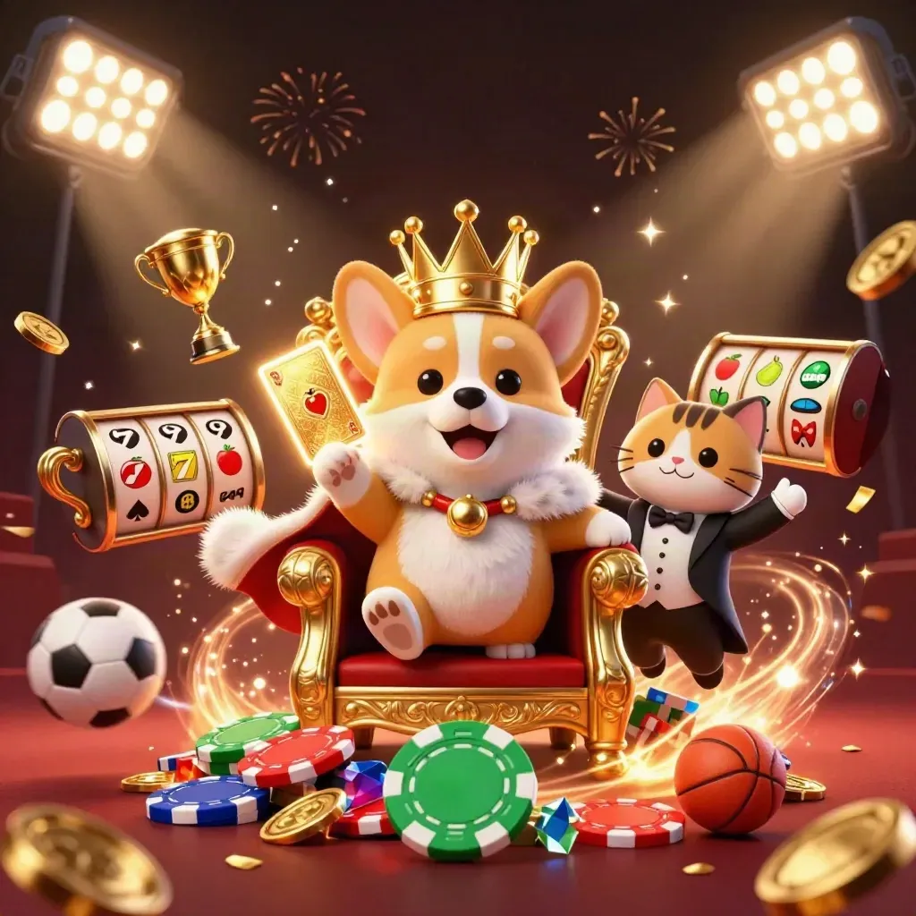 Royal corgi and cat butler amid jackpot bursts, sports balls, coins, and casino glow.