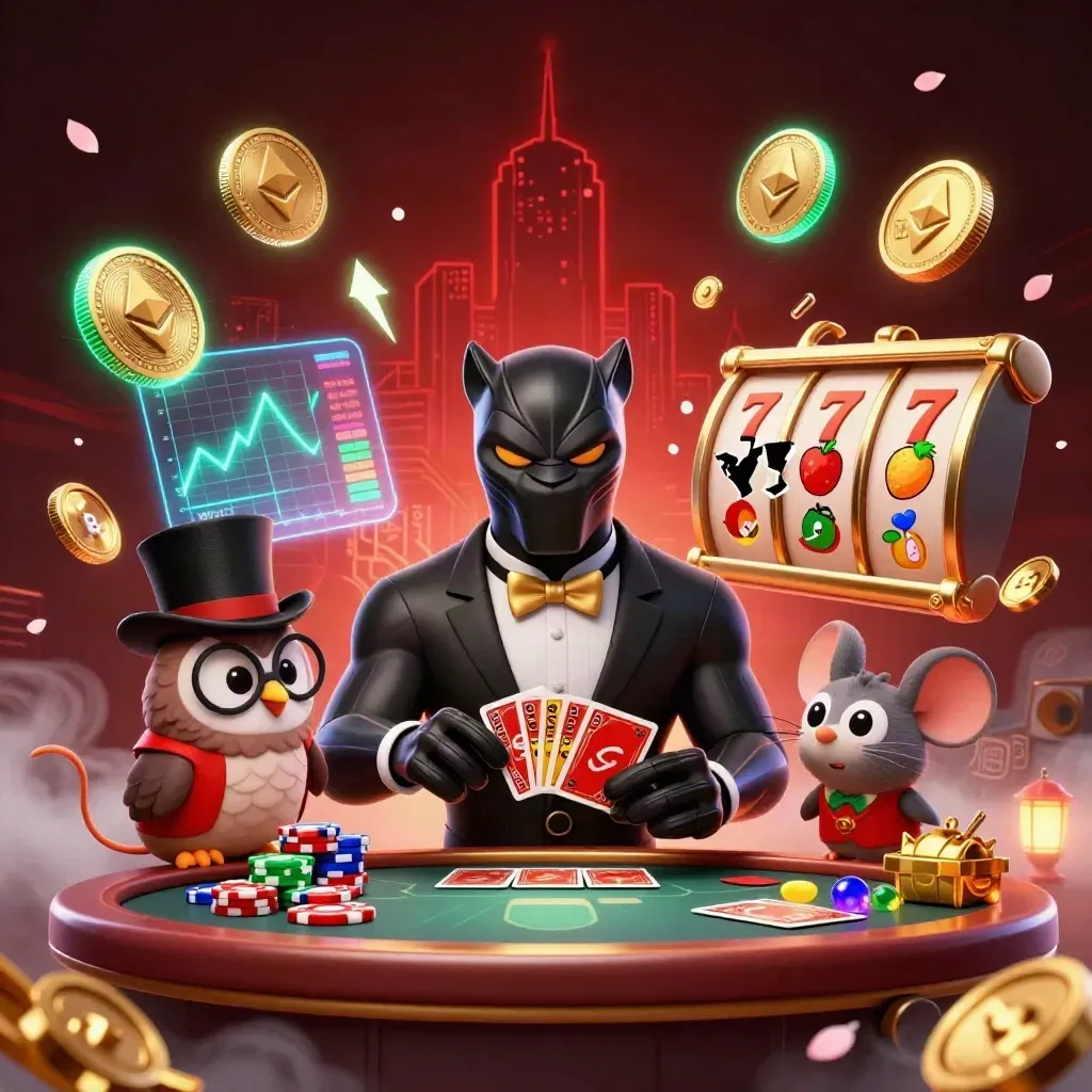 Panther, owl and mouse raid a glowing jackpot vault amid coins, chips, lightning and neon effects.