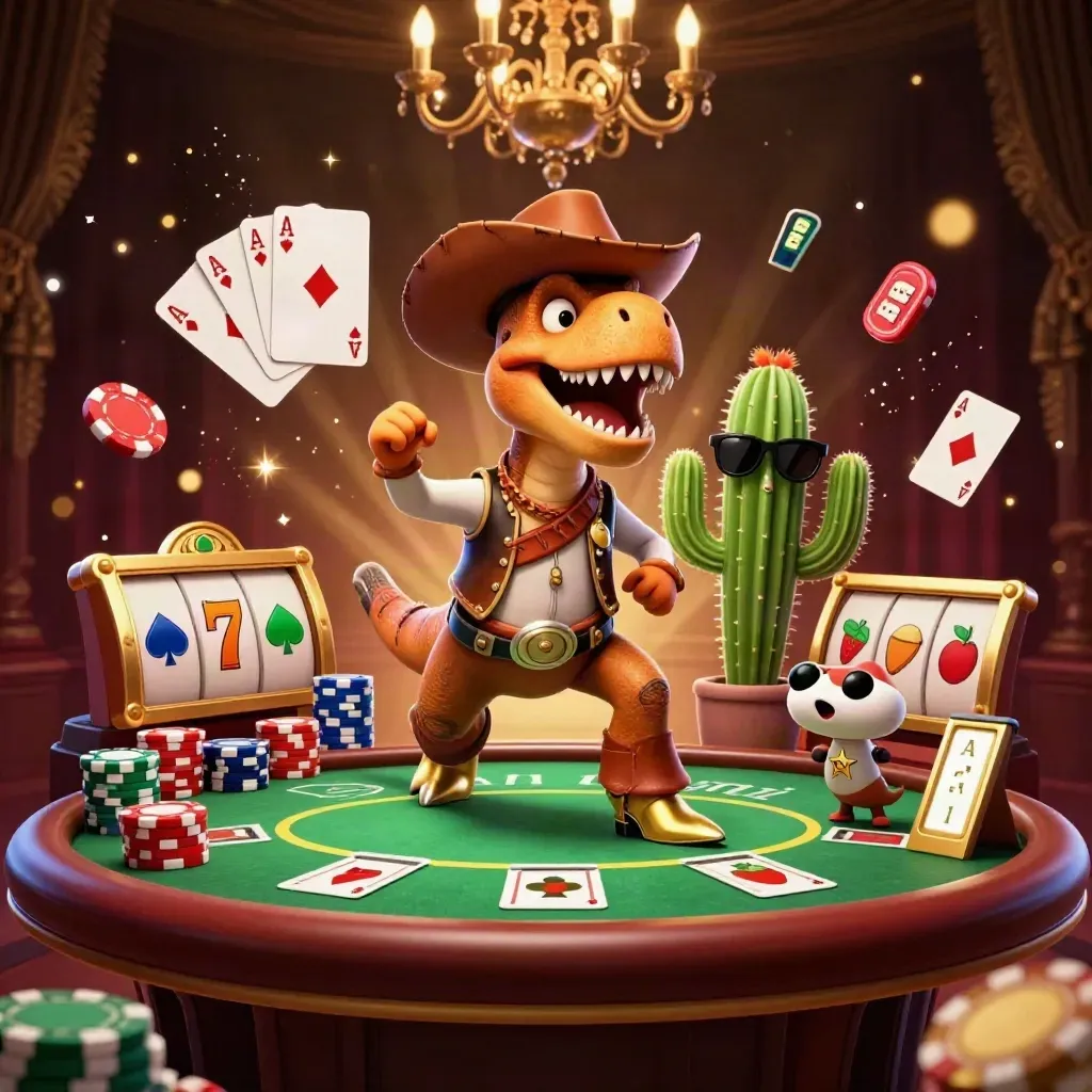 Cowboy T-Rex, cactus sidekick, and sheriff roadrunner amid poker chips and jackpot glow.