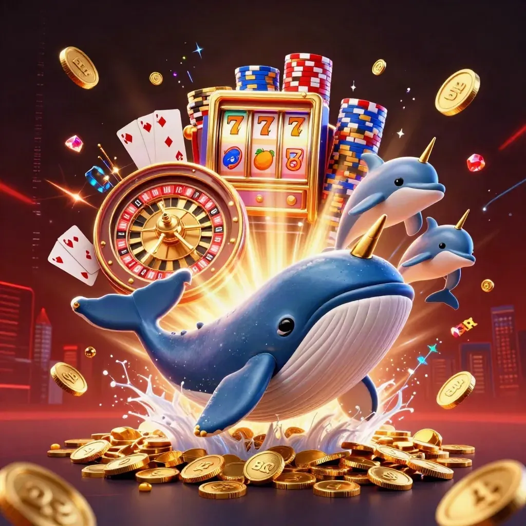 Cartoon whale captain, narwhal, and dolphins burst through coins, chips, cards, and jackpot effects.