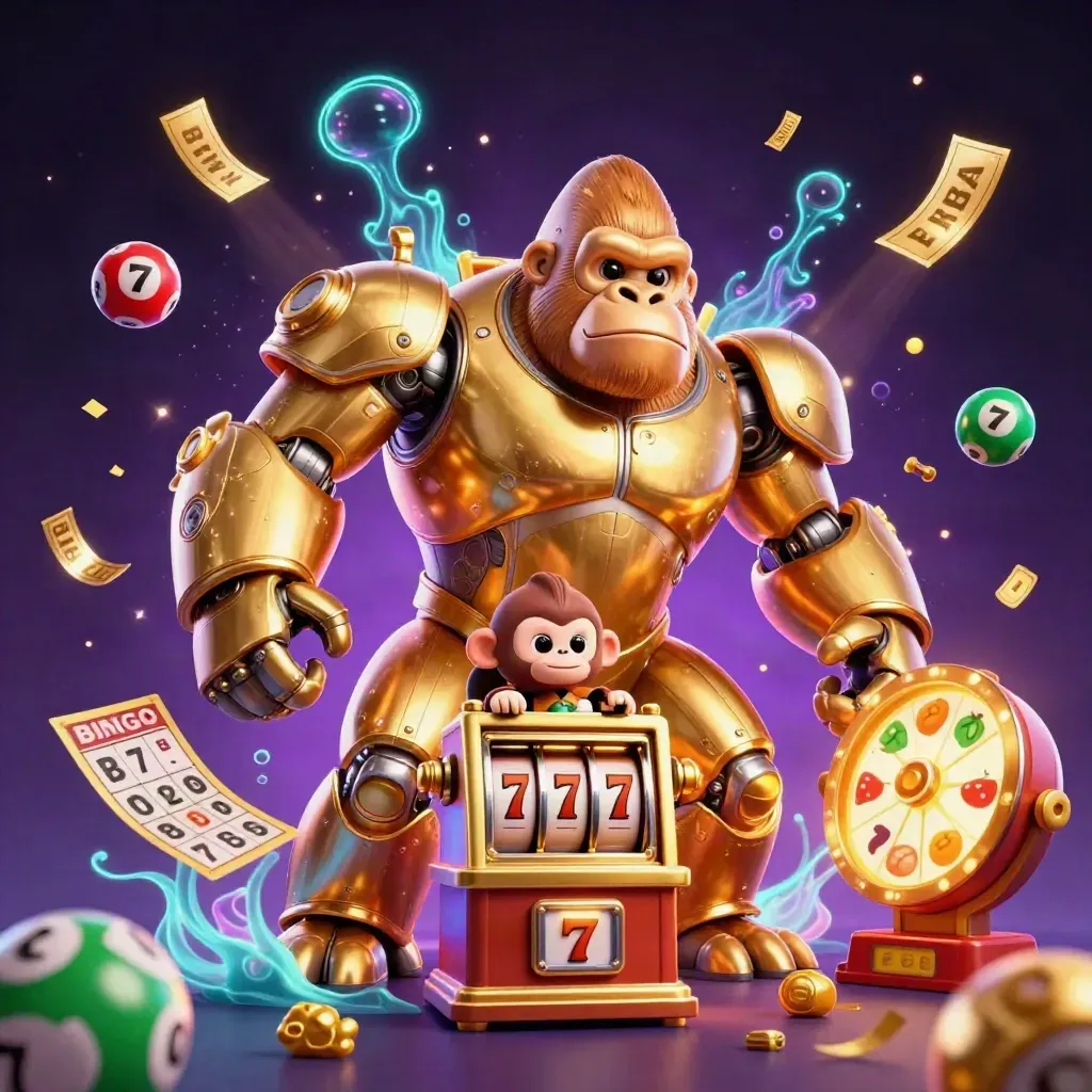 Golden gorilla mech with monkey pilot, slot reels, jackpot bursts, and casino fireworks in neon glow.