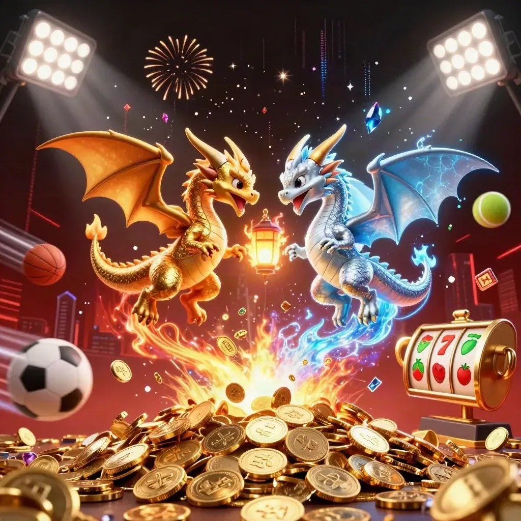 Twin gold and silver dragons swirl amid jackpots, coins, fireworks, and casino lights.