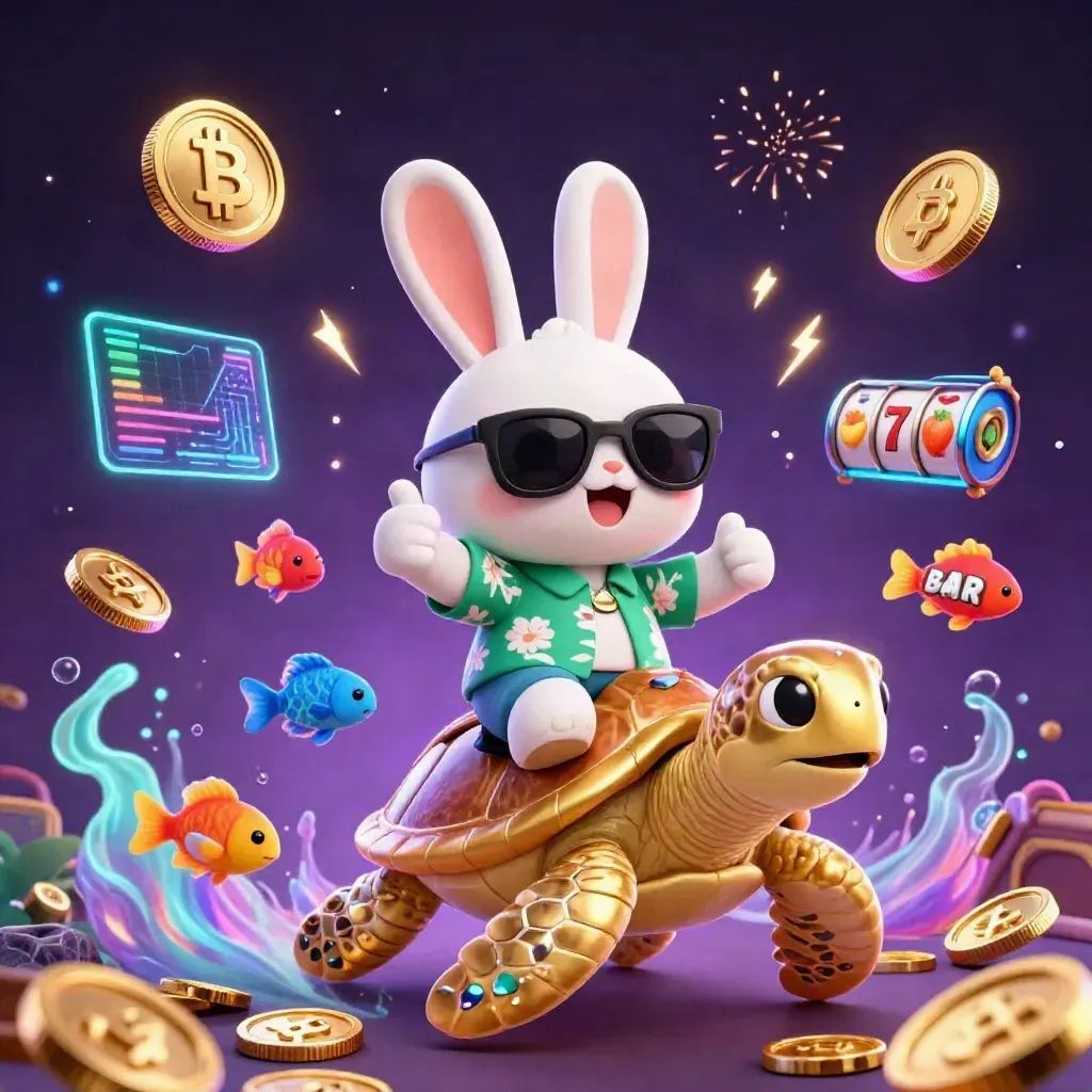 Lucky rabbit on golden turtle amid coins, fireworks, crypto glow, and jackpot chaos.