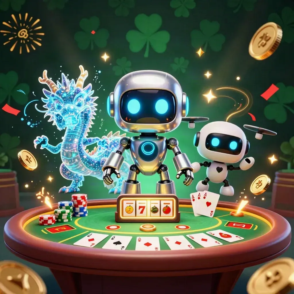 Cyberpunk robot, holographic dragon and coin drone amid casino chips, cards and glowing emerald effects
