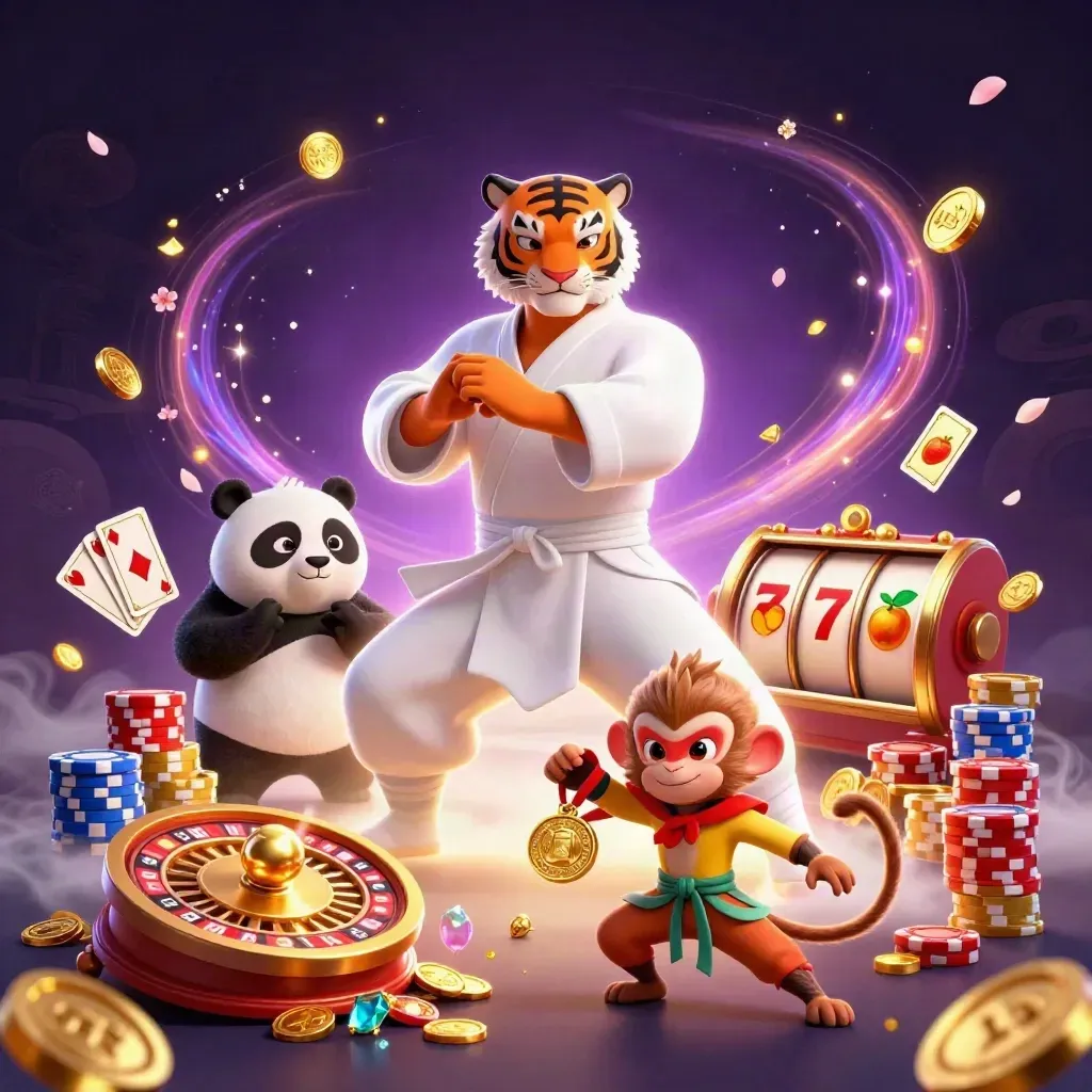 Kung-fu tiger, panda, and monkey amid casino jackpots, coins, cards, reels, and glowing purple magic