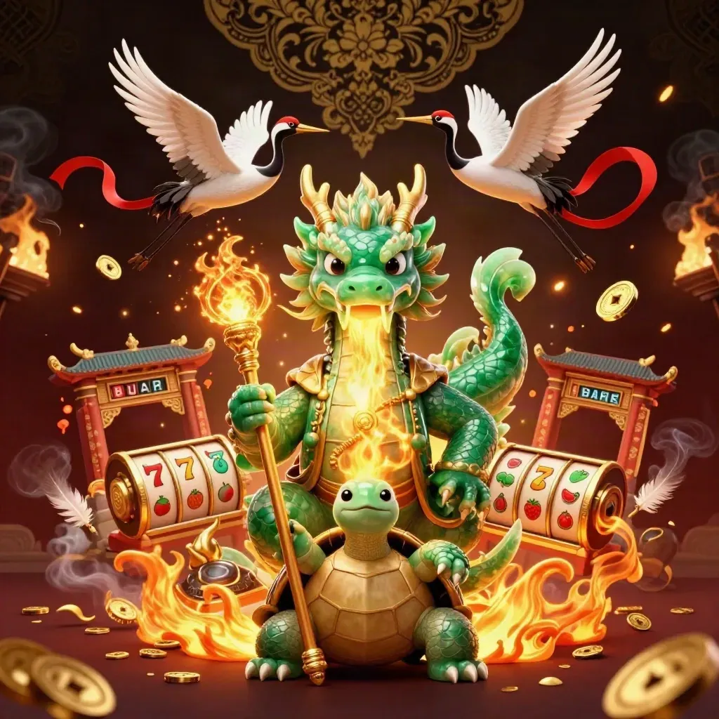 Emerald jade dragon, turtle sage, and cranes amid casino relics, fire, coins, and temple glow.